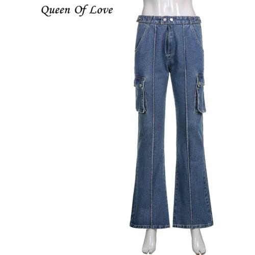 2021 New Autumn Winter Streetwear Blue Denim Cargo Pant Women Casual High Waist Pocket Straight Jeans Y2K