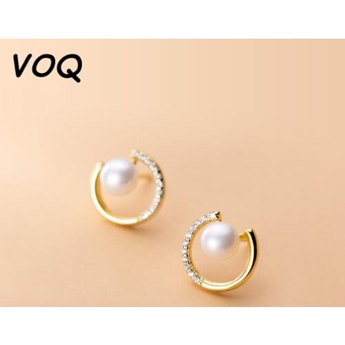 VOQ 925 Sterling Silver New Fashion Round Exquisite Pearl Round C Shape Simple Stud Earrings Ladies Fashion Jewelry