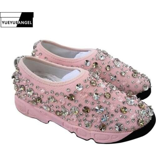 2020 Mesh Sneakers Women Pearl Bling Luxury Brand Designer Footwear Flats Casual Shoes New Confortable White Shoes Plus Size 42