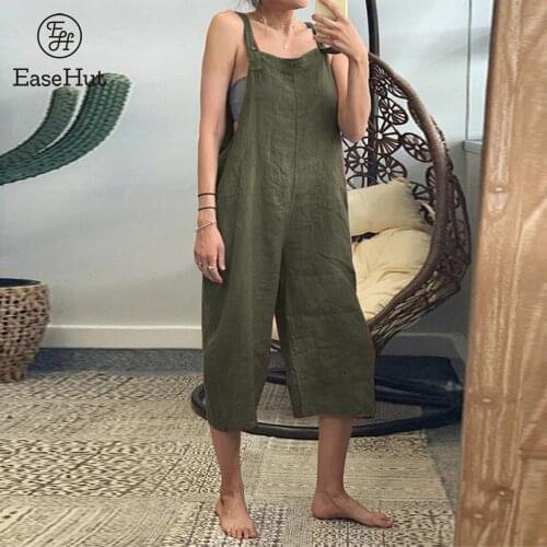 EaseHut Women Vintage Jumpsuits Solid Adjustable Shoulder Straps Pockets Cropped Wide Leg Trousers Romper Playsuits Plus Size