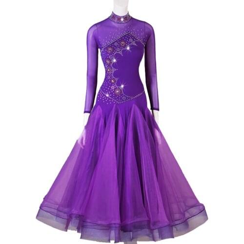 Ladies waltz Tango standard flamenco ballroom dance competition dresses customized skirts purple long sleeves girls kids dress