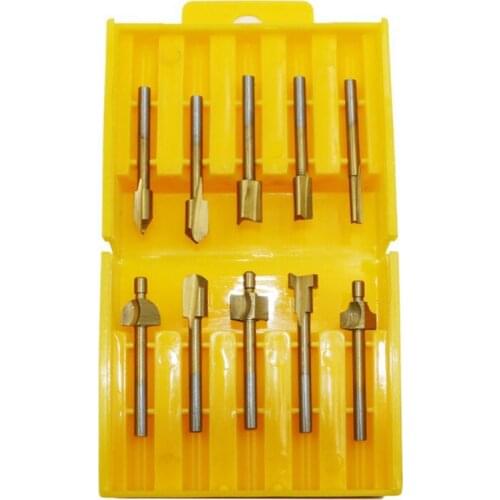 10pcs Box 3mm HSS Titanium Router Bits Wood Cutter Milling Fits Dremel Rotary Tool Engraving Machine Knife Sharpening Slot