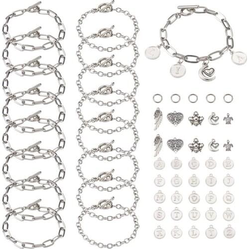 20pcs Alloy Bracelets Making Kits Cable Chain Bracelets Paperclip Chain Alphabet Letter Pendants Iron Jump Rings Jewelry Making
