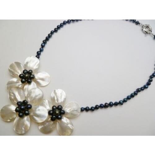 2019 Fashion Jewelry Three White Mother Pearl Shell Flower Black Necklace 20 inches