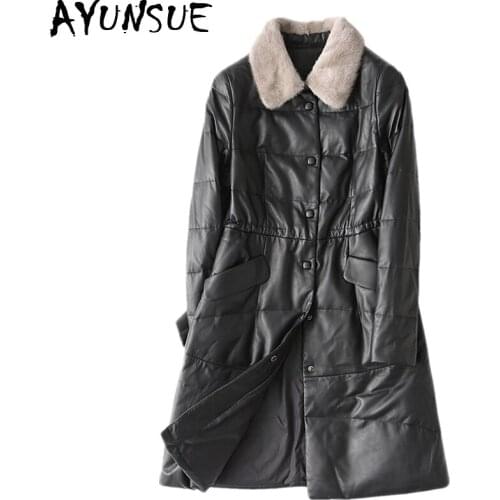 AYUNSUE Womens Winter Down Jackets Long Genuine Leather Jacket Natural Sheepskin Coat Female Mink Fur Collar Plus Size YY1082B