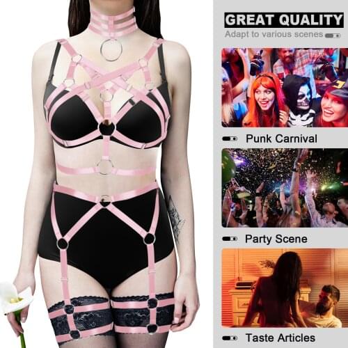 Bondage Full Body Harness For Women Cage Bra Sexy Lingerie Set Suspender Belt Pole Dance Rave Collar Accessories Gothic Style