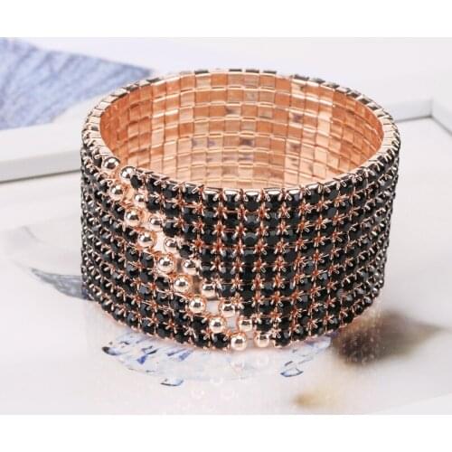 Korean Style Inlaid With A Row Of Black Glass Drill Open Bracelet Simple Temperament Multi - Layer Wide Personality Bracelet