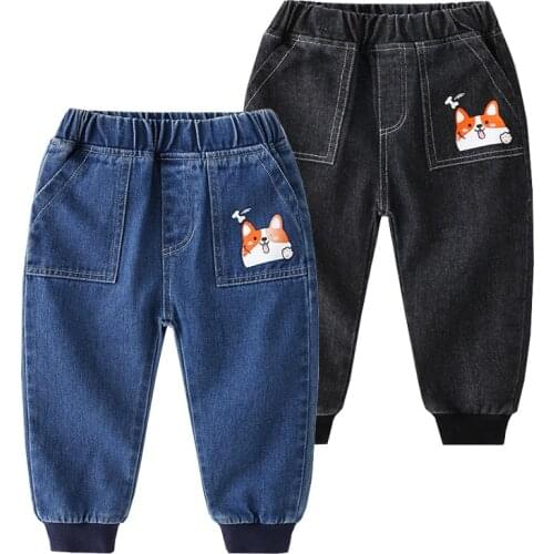 Fashion Cartoon Boys Jeans Fall Winter Toddler Denim Trousers Girls Pants Elastic Waist Kids Clothes