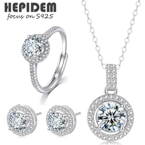 HEPIDEM 100% 1ct 6.5mm D Moissanite 925 Sterling Silver Necklace Rings Earrings Jewelry Sets Women S925 Gift 0873