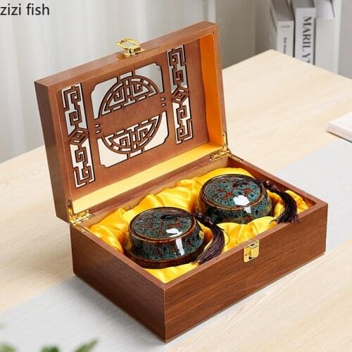 Ceramics Tea Caddy Wooden Gift Box Two-piece Kiln Change Tea Storage Tank with Cover Sort Out Storage Box Sealed Jar Organizer