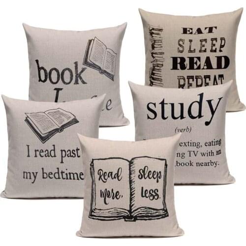 Book Tea Coffee Wine Cushion Cover Cotton Linen Decorative Pillowcase Chair Seat Letter Slang Pillow Cover Home Living Textile