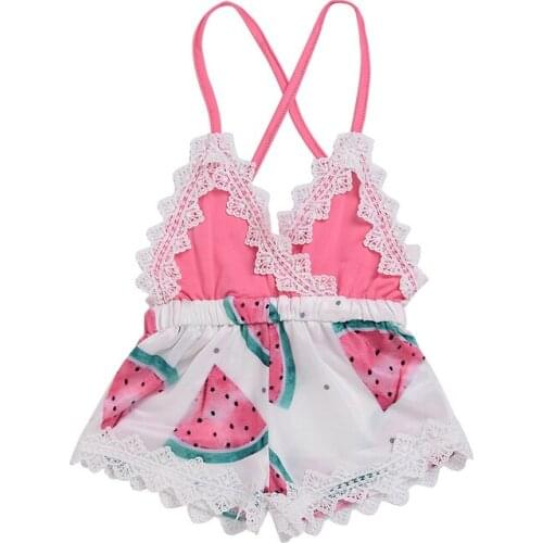 2020 Summer Cute Toddler Baby Girl Clothing Watermelon Print Lace Romper Sleeveless Backless Jumpsuit Outfits Clothes 0-5Y