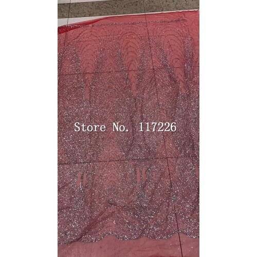 Red color glitter sequins lace high quality african net lace fabric African french lace fabric with glued glitter