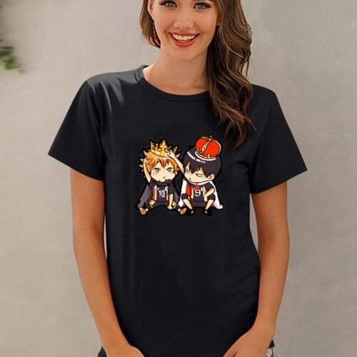 Cool Japanese Anime Haikyuu Womens T Shirt Shoyo Hinata & Kageyama Graphic Printed Streetwear Tops Harajuku Cotton Loose Tee