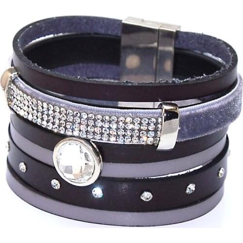 Miasol New Arrival Genuine Leather Wrap Bracelet Brazilian Style Wide Magnetic Wrap Crystal Charm Bracelet For Women Gift B1008