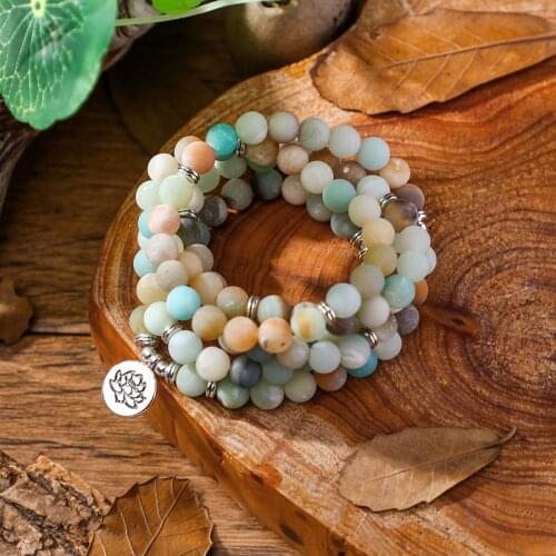 Fashion Women`s Bracelet Natural Matte Frosted Amazonite Beads With Lotus OM Buddha Charm Yoga 108 Mala Bracelet & Necklace