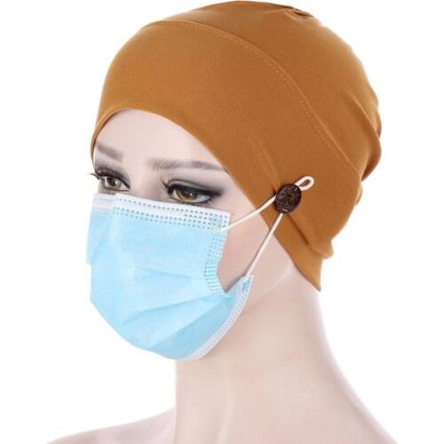 2021 New Pure Color Muslim Turban Caps Fashion Woman Button Linen Inner Hijab Cap Head Scarf Convenient To Wear