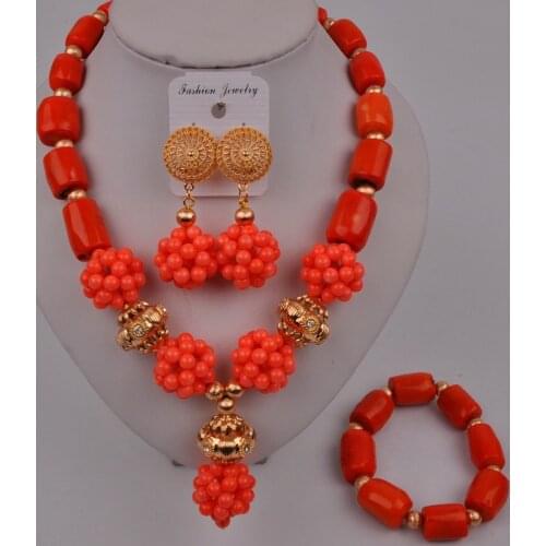 New Nigerian Orange Coral Beads Jewelry Set Costume Necklace African Set Bridal Wedding Jewelry Sets 41-CA-01
