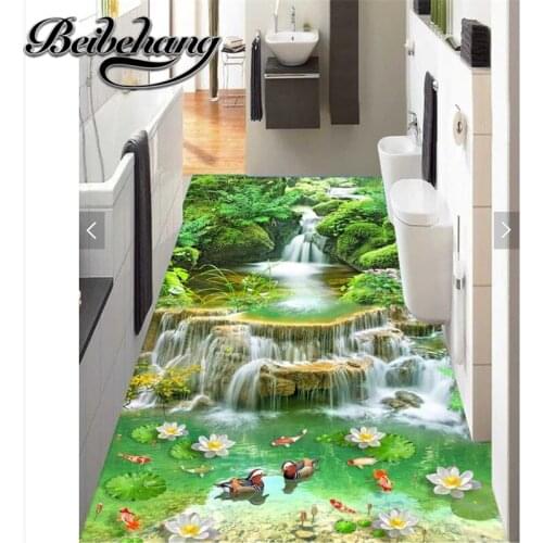 HD Stream aquatic financial year Yu Yuanyang lotus landscape painting custom 3d large self-adhesive waterproof PVC floor sticker