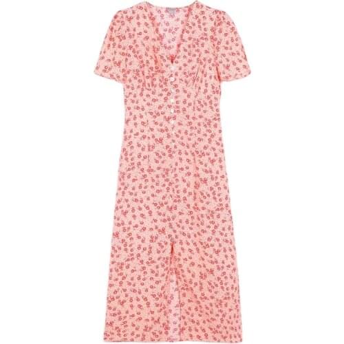 2021 Summer v neck Slit Retro Flower Dresses casual Fashion Party floral Printed Vestidos Button-up vintage floral Midi Dress