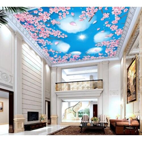 Custom 3d ceiling wallpaper murals Cherry blossom blue sky white clouds Luxury hotel living room ceiling zenith mural painting