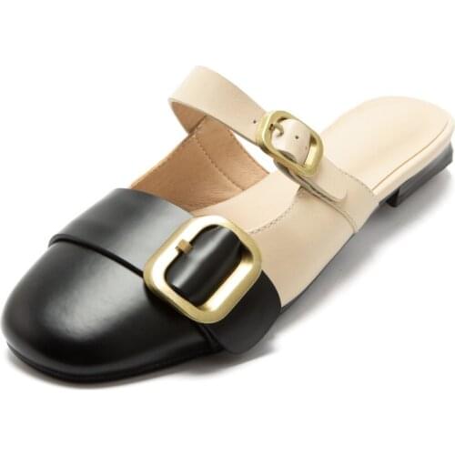 Women Slippers Fashion Design Cowhide Color-blocking Fabric Sandals Belt Buckle Decorative Flat Shoes