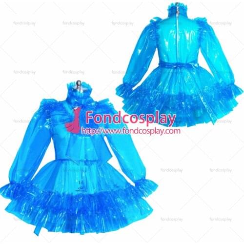 Fondcosplay adult sexy cross dressing sissy maid short French lockable blue clear PVC dress unisex Tailor-made[G3952]