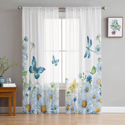 Watercolor Flowers Butterfly Dragonfly Tulle Curtain Voile Transparent for Bedroom Living Room Kitchen Sheer Window Curtains