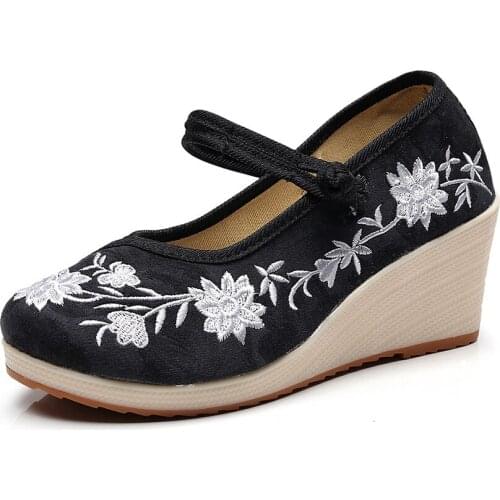 Vegan Ladies Embroidery Canvas Wedge Platform Pumps Comfortable Cotton Embroidered Retro Women Casual Wedged High Heels Shoes