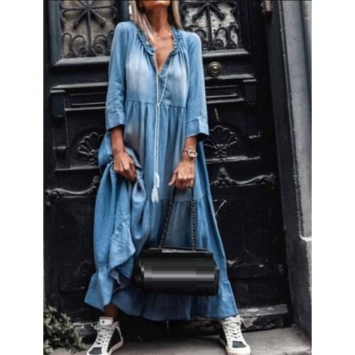 Vestidos boho hippie chic blue 3/4 sleeve v neck tassel hem ruffle loose maxi dress 2021 plus size women clothing 3xl