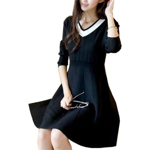 New Chic Autumn Winter Plus Size Women Sweater Dresses Slim Princess Dress Long Sleeve V-Neck Knitted Dress Party Vestidos WZ149
