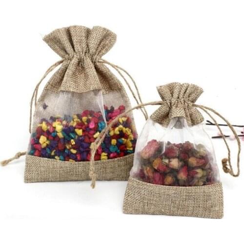 100pcs Penetrate Jute Linen Drawstring Bags Cosmetic Storage Gift Bag Wedding And Party Personality DIY Candy Bags ZA6472