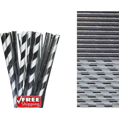 200pcs Mixed 2 Designs Metallic Silver Foil Paper Straws-Striped and Solid Plain Gold Christmas Wedding Engagement Glam Hip Hop