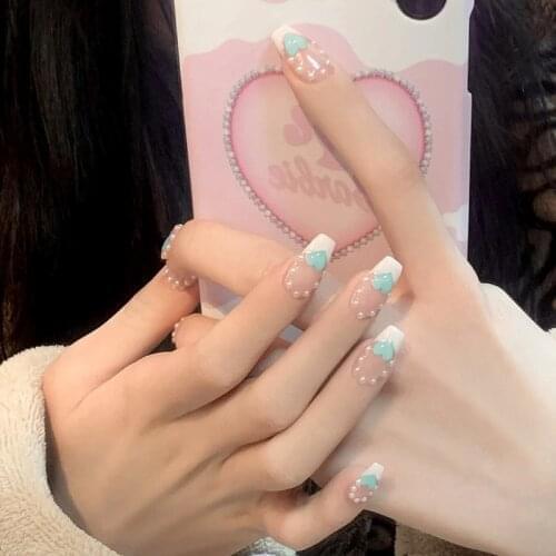 24pcs Fake Nails With Designs Pearl Heart Shape Wear Long Paragraph Fashion Manicure Patch False Nails Wearable Nail Patch DL