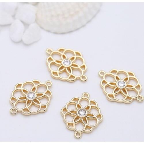 6PCS 15x20MM 14K Gold Color Plated Brass with Zircon Flower Connector Charm Pendants High Quality DIY Jewelry Making Findings