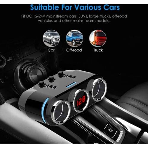 9.2 * 5.2 * 3.2cm 3way Cigarette Lighter Socket Splitter Power Adapter Dual USB Car Charger 12/24V