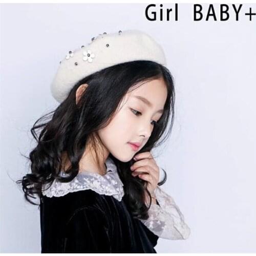 Beret for Girls Childrens Hat Child Formal Knitted Winter Cap for Kids Czapka Zimowa Dziecko Gorro Bebe Nino Pearl Flower