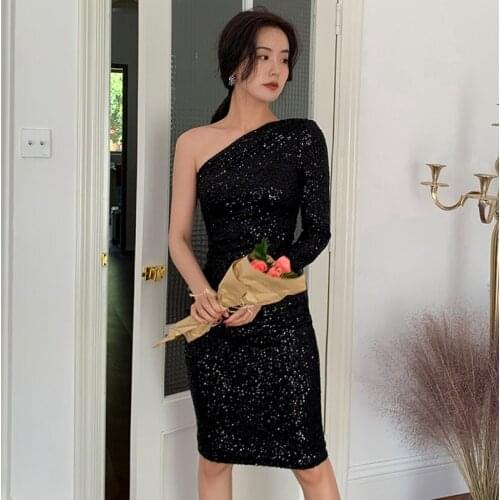 Sequins One-Shoulder Prom Dress Full Sleeves Empire Mermaid Simple Elegant Knee-Length Plus size Women Formal Party Gown C1069