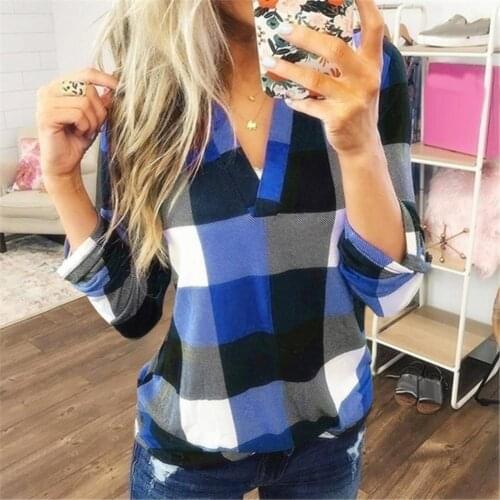 Autumn Fashion Women Plaid Print Shirt V Neck Long Sleeve Loose Blouse Top For Women Elegant New