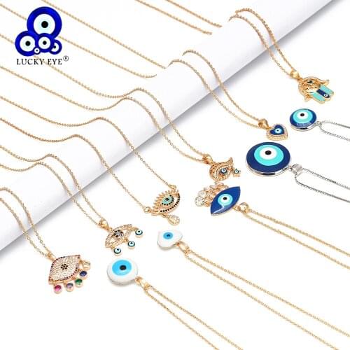 Lucky Eye Heart Fatima Hand Blue Turkish Evil Eye Pendant Necklace Gold Color Long Chain Necklace for Women Girls Jewelry BE123