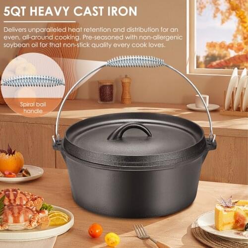 4.9L Iron Cooking Pot Dutch Oven BBQ Oven Pot Cast Roasting Pan Also For Gas Grill Plus A Lid Outdoor Hanging Camping Picnic Wok