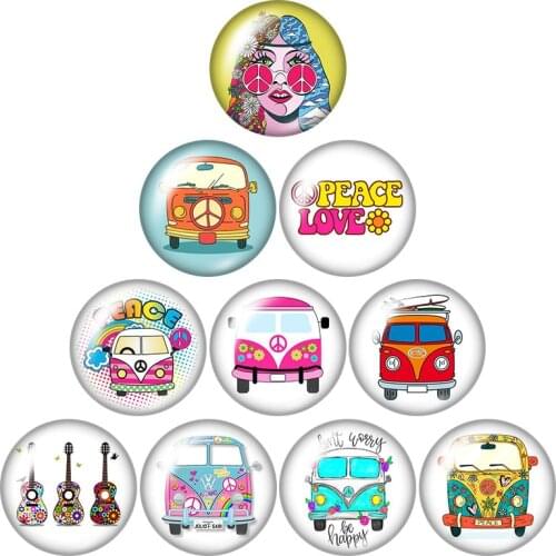 Hippie bus Love peace 10pcs mixed 12mm/16mm/18mm/25mm Round photo glass cabochon demo flat back Making findings