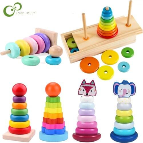 Animal Rainbow Stacking Ring Tower Stapelring Blocks kids Montessori Toys Early Education Teaching Aids Wood Baby Toys Gift