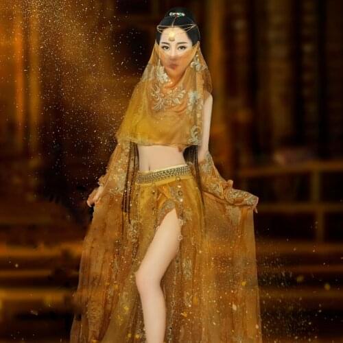 Jin Feng Yu Lu WYJN Female Thematic Photography Hanfu Costume Exotic Style Sexy Indian Dance Saree Golden Fairy Costume