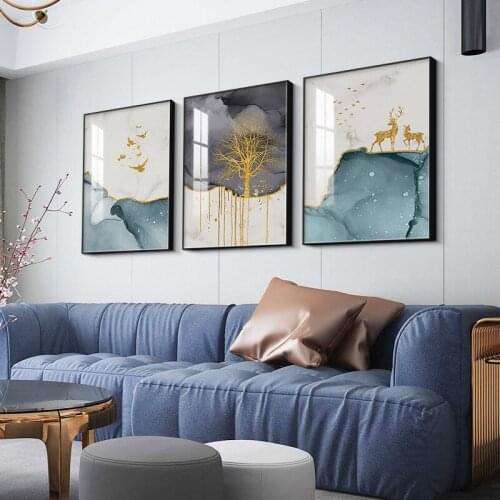 Fashion Poster Abstract Distant Mountain Gold Foil Elk Gilded Canvas Wall Art Living Room Bedroom Background Decorative Painting