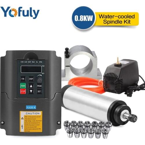 800W Water Cooled Spindle CNC Kit 0.8KW Spindle Motor+1.5KW Frequency VFD Inverter+65mm Clamp+13pcs ER11 Collet For CNC Machine