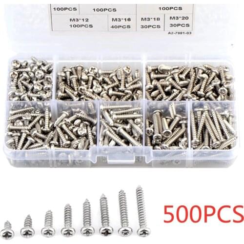 500pcs M3 stainless steel 304 Cross Pan Head Self Tapping Screw Combination Set Phillips Round Head Screw Kit