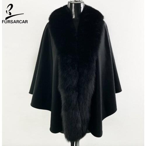 FURSARCAR Genuine Fur New Fashion Female Shawl With Belt Wrap Big Real Nature Fox Fur Collar For Women Black Woolen Cape