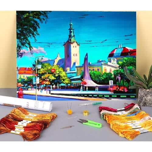 Landscape Lviv. Summer Printed Canvas 11CT Cross-Stitch Embroidery Set DMC Threads Painting Hobby Handicraft Stamped