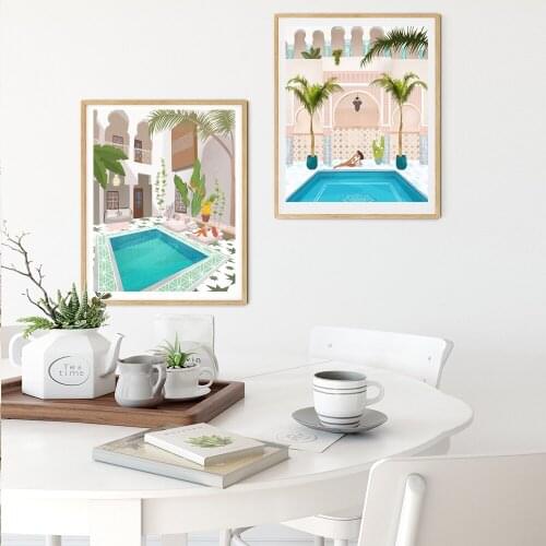 Marrakech Riad Print Canvas Painting, Bohemian Style Lady and Pool Wall Art Picture, Morocco Travel Poster,Modern Home Decor